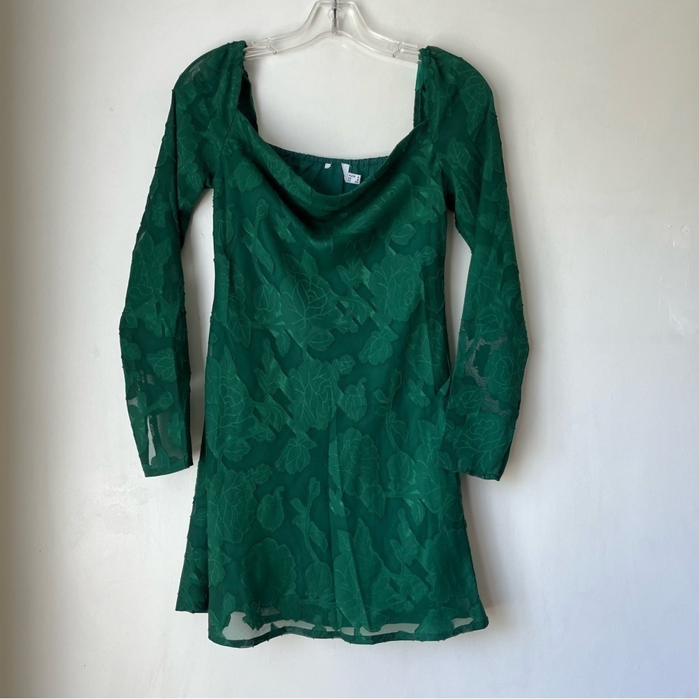 Princess Polly Star Power Forest Green Floral Jacquard Long Sleeve Mini Dress 2
